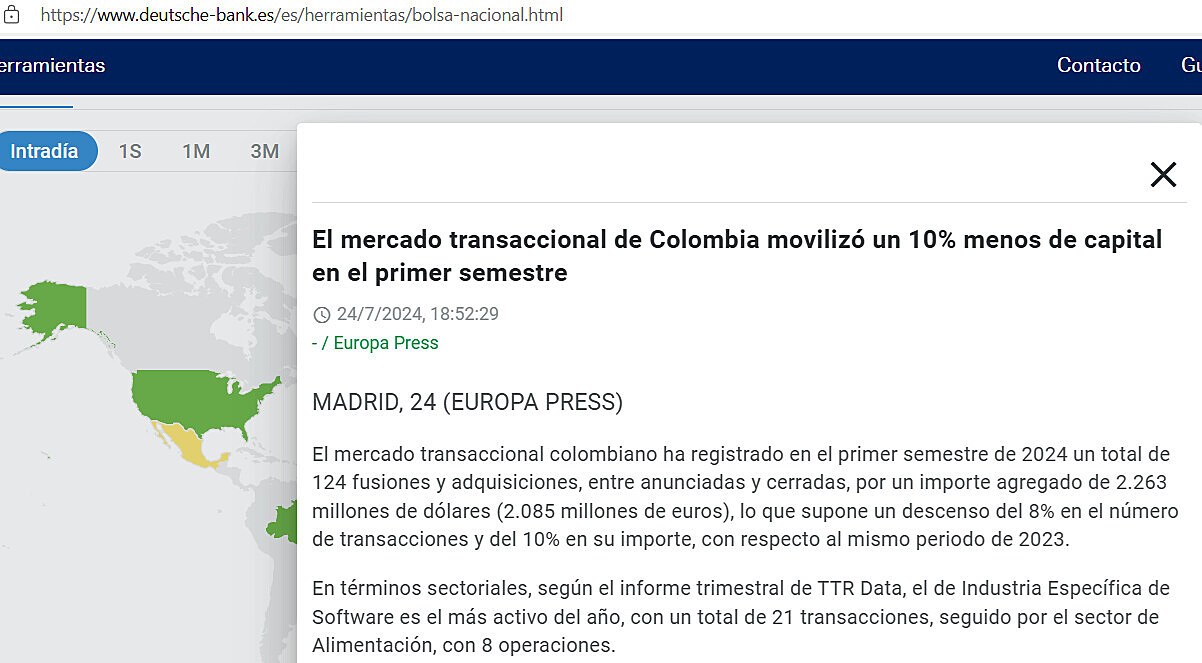 El mercado transaccional de Colombia moviliz un 10% menos de capital en el primer semestre